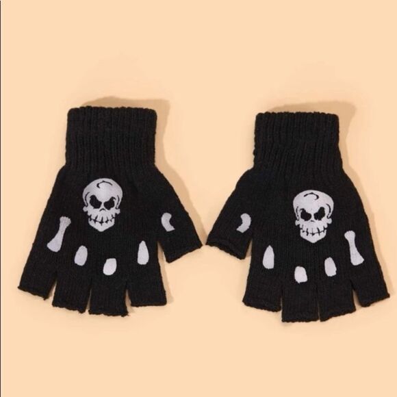 Black Fingerless Skull Gloves - Picture 1 of 4